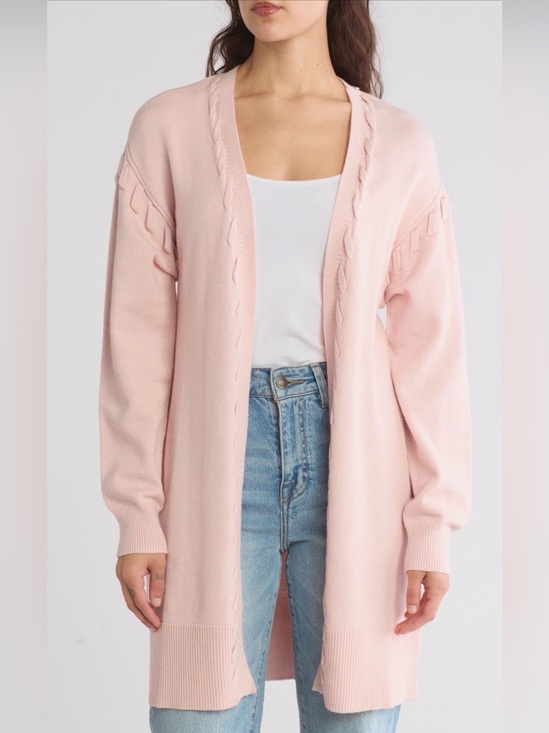 Laundry By Shelli Segal Sweaters - Laundry By Shelli Segal Light Pink Open-Front Cable-Trim Cardigan